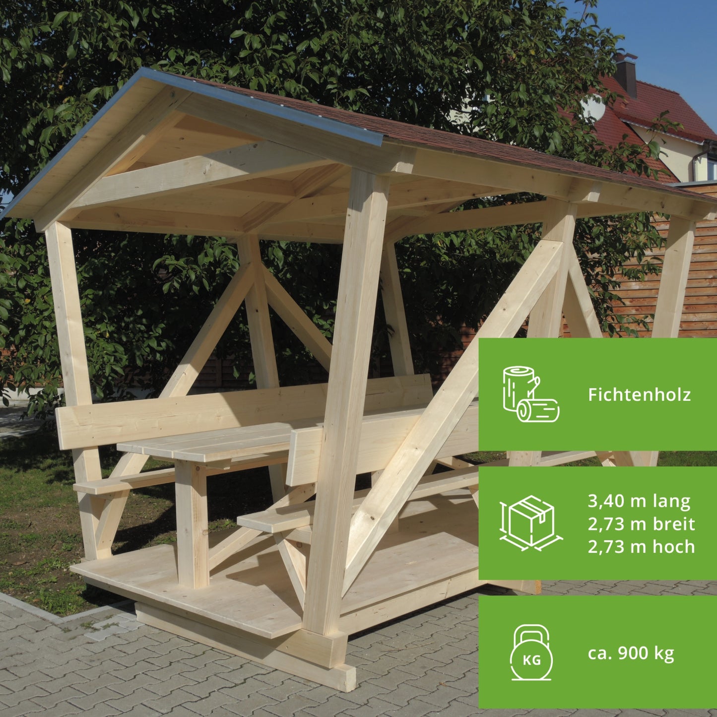 Holz-Pavillon mit Tisch & 2 Sitzbänken 8 Personen