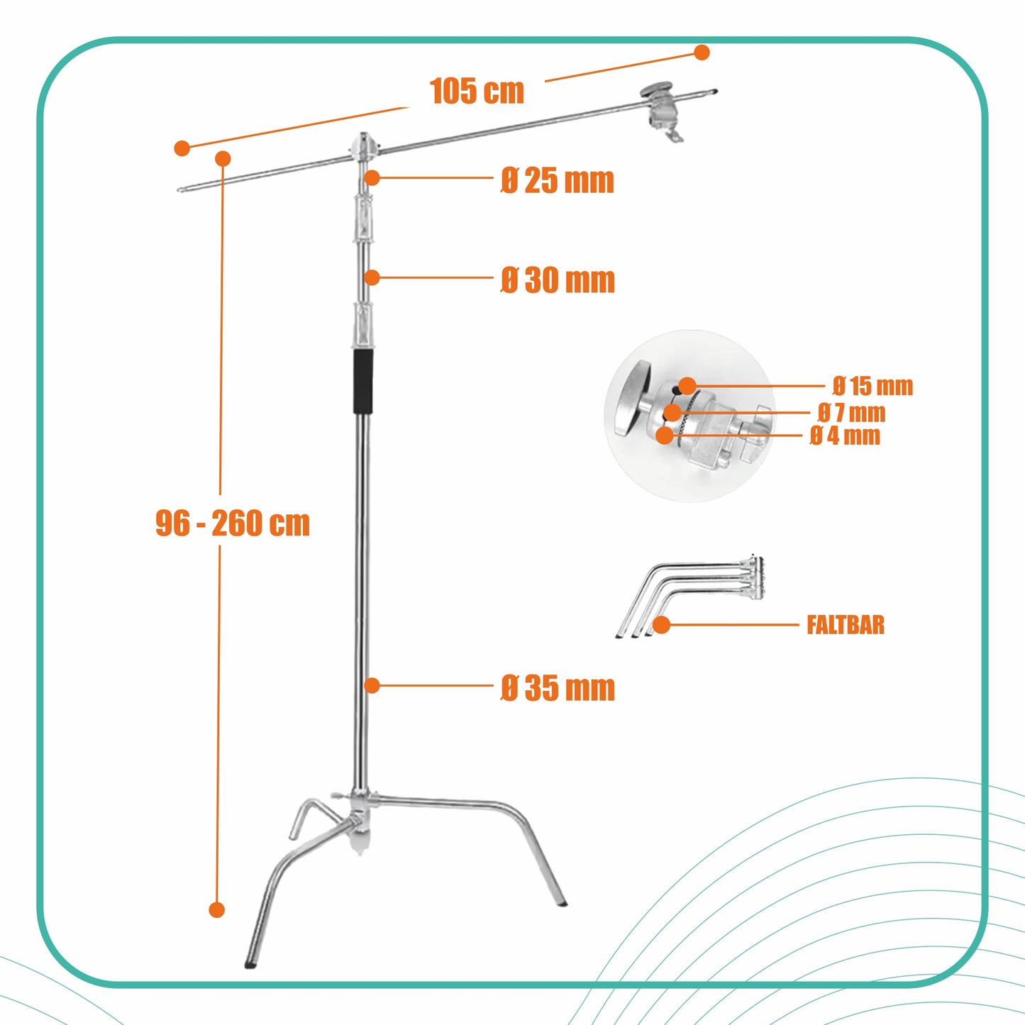 Galgenstativ Lichtstativ aus Edelstahl 96-260 cm