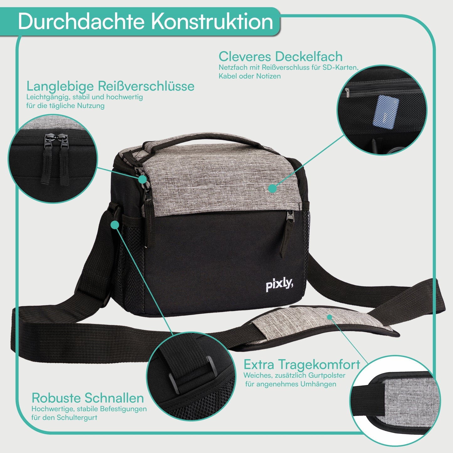 Kameratasche mit Schultergurt; Farbe: schwarz/grau