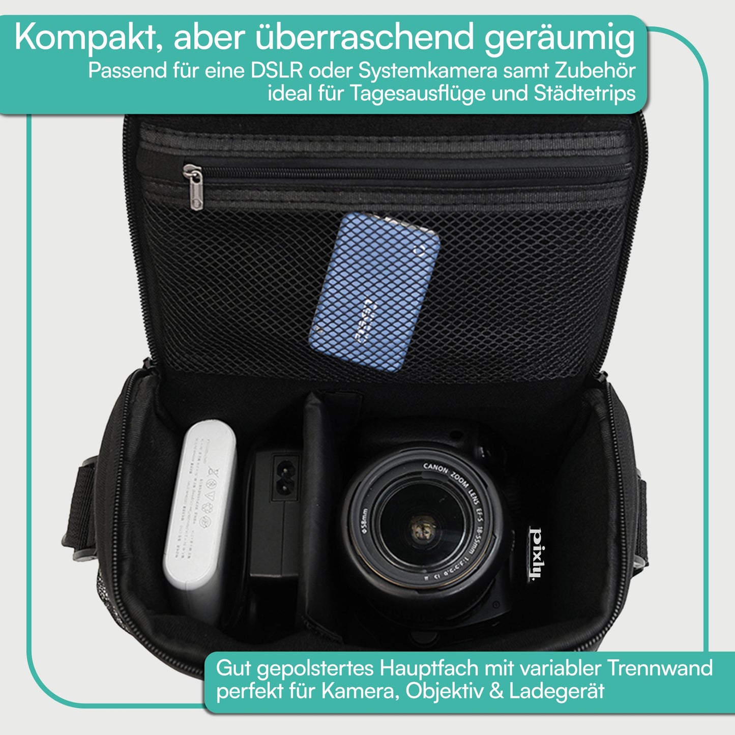 Kameratasche mit Schultergurt; Farbe: schwarz/grau