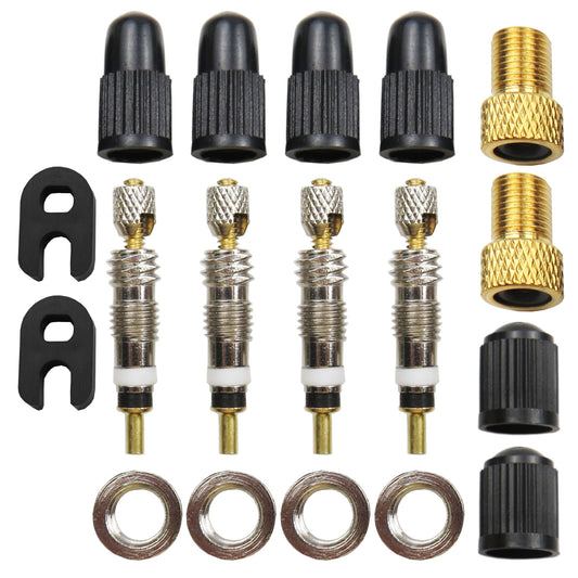 Presta Fahrradventil 4er Set inkl. Kappe & Schrader Adapter 18 teiliges Reperaturset