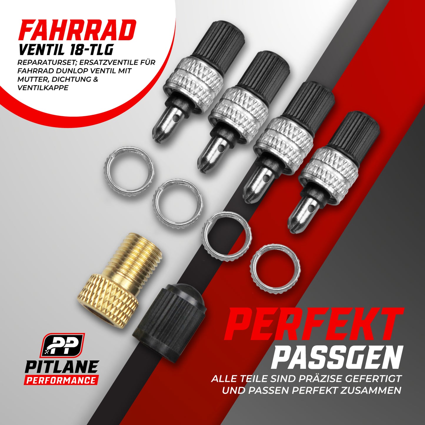 4er Set Dunlop Fahrradventil inkl. Kappe & Schrader Adapter 18 teiliges Reperaturset