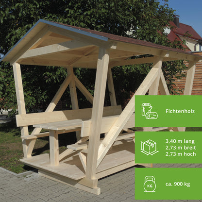 Holz-Pavillon mit Tisch & 2 Sitzbänken 8 Personen