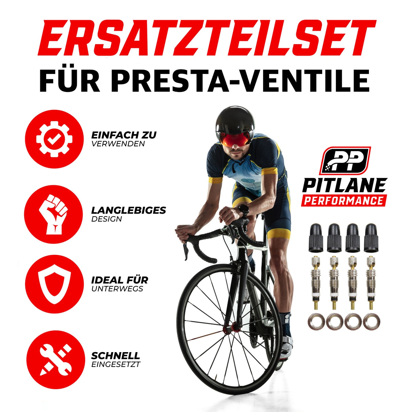 Presta Fahrradventil 4er Set inkl. Kappe & Schrader Adapter 18 teiliges Reperaturset